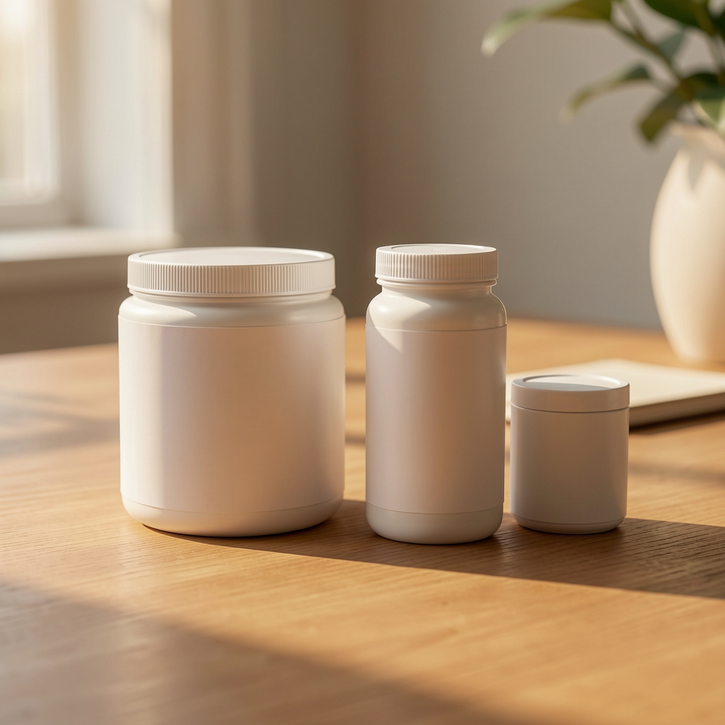 Supplement containers on a wooden desk, minimal composition with warm morning light casting soft shadows