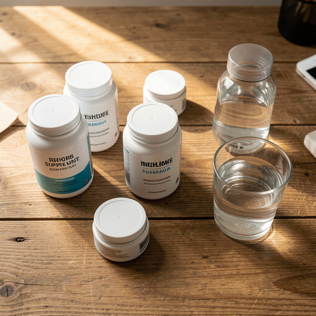 Multiple supplement containers and a glass of water arranged on a wooden desk with morning light, flat lay editorial composition