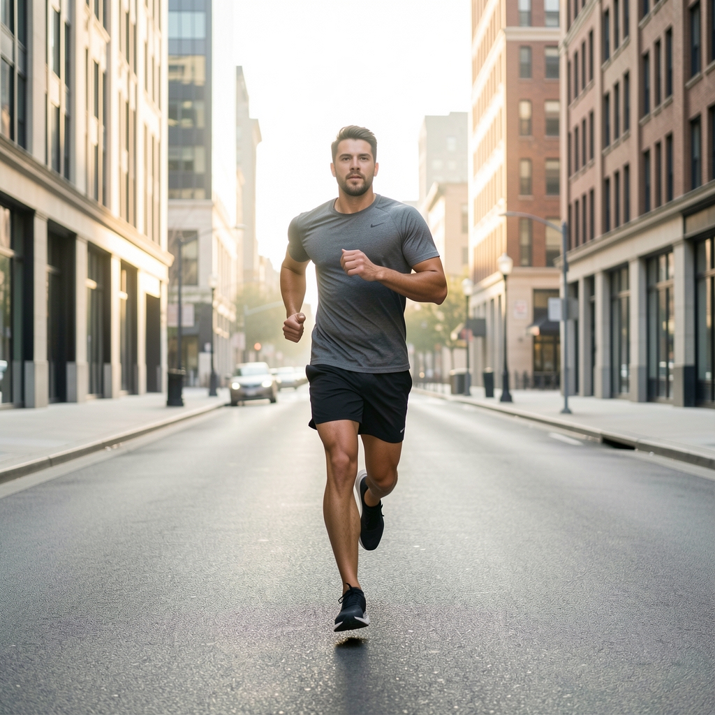 Morning run on an empty street in early light, active man in motion against a clean urban background