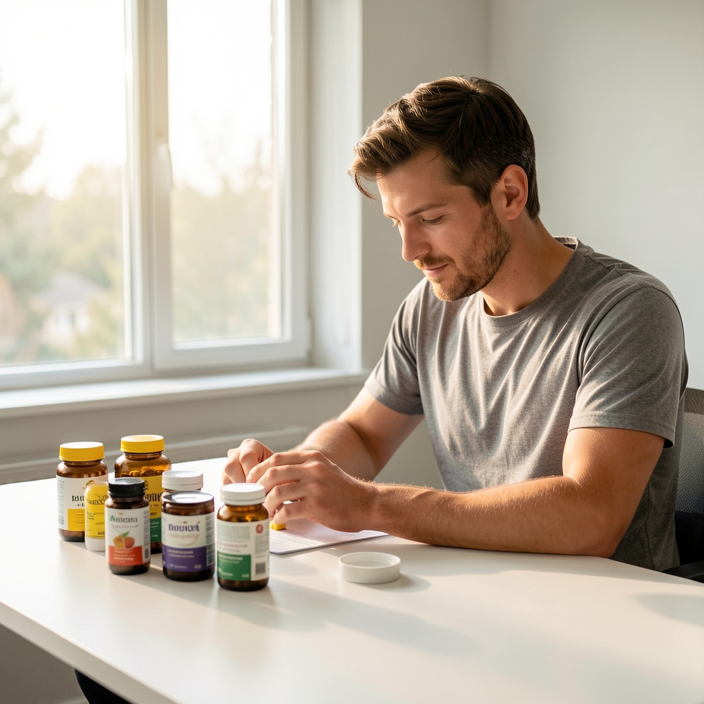 Man preparing morning supplement routine at a clean desk with natural light streaming through a window, vitamin containers arranged neatly