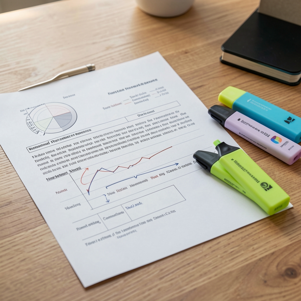 Printed nutritional research notes and highlighter pens on a wooden desk, editorial review process in progress